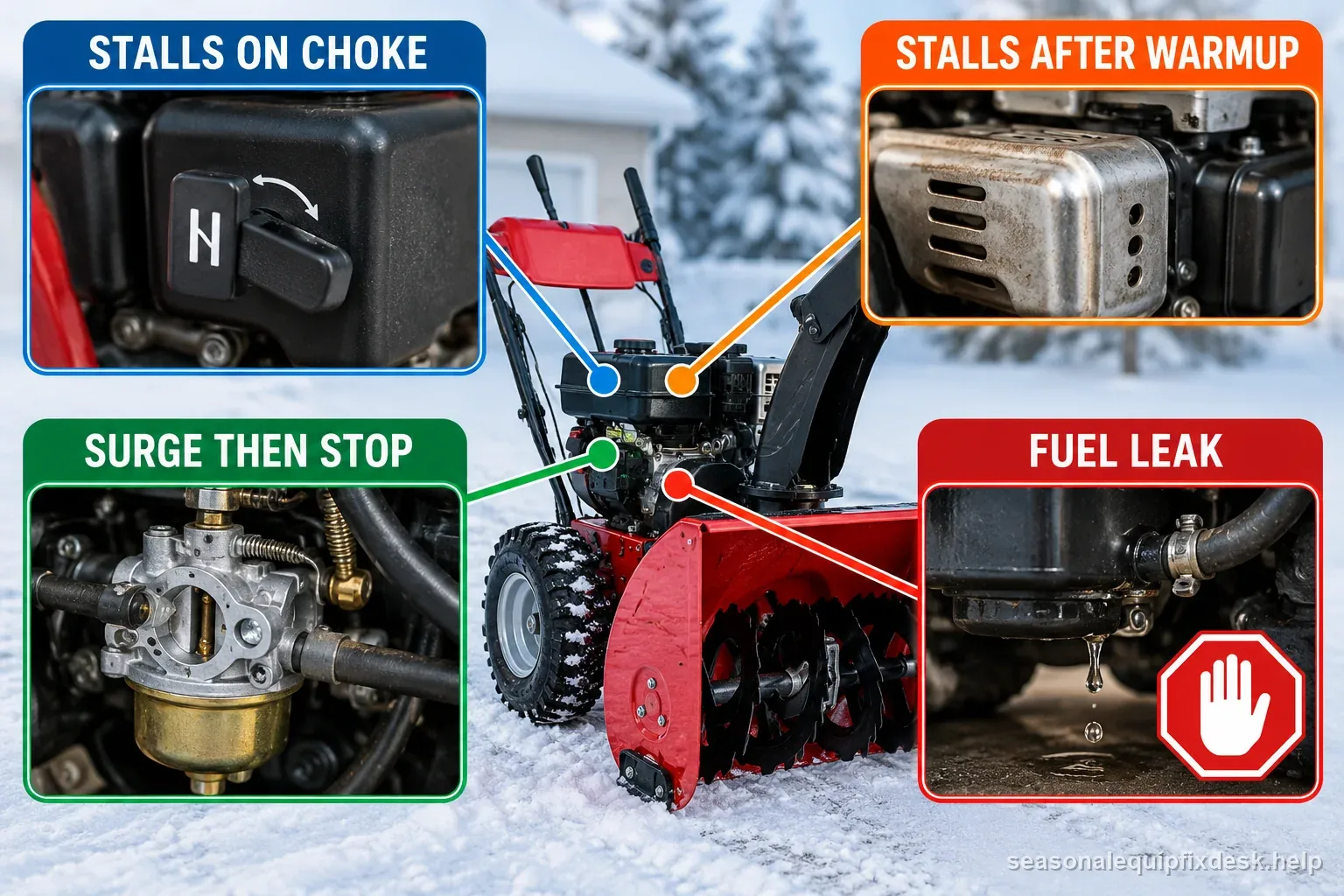 Symptom map distinguishes stalling on choke, after warmup, surging then stopping, and a fuel leak that requires stopping.