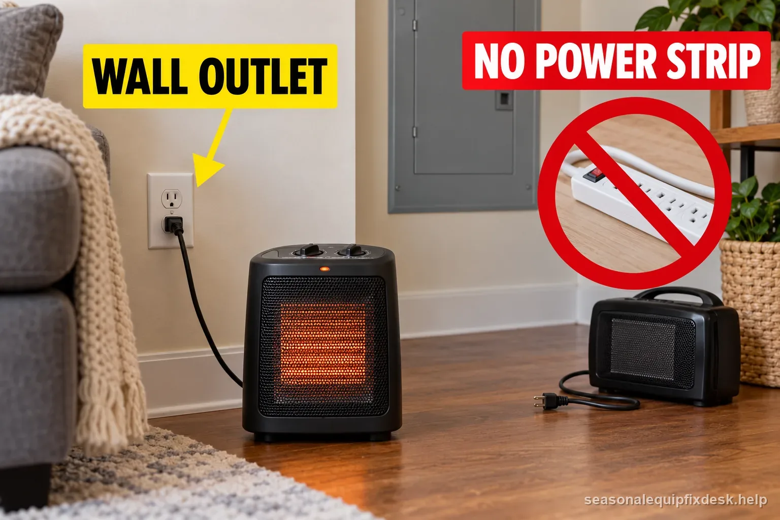 Portable heater plugged directly into a wall outlet with a power strip crossed out, showing a safer external electrical setup.