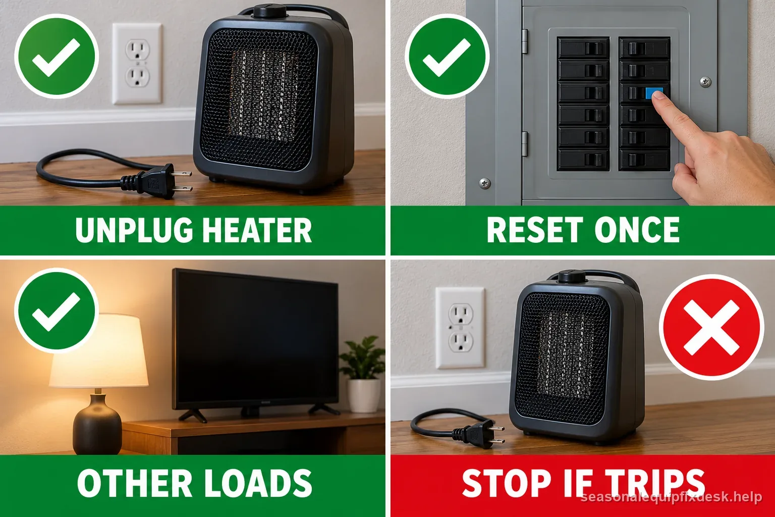 Safety graphic shows unplugging the heater, resetting a breaker only once, reducing other loads, and stopping if it trips again.