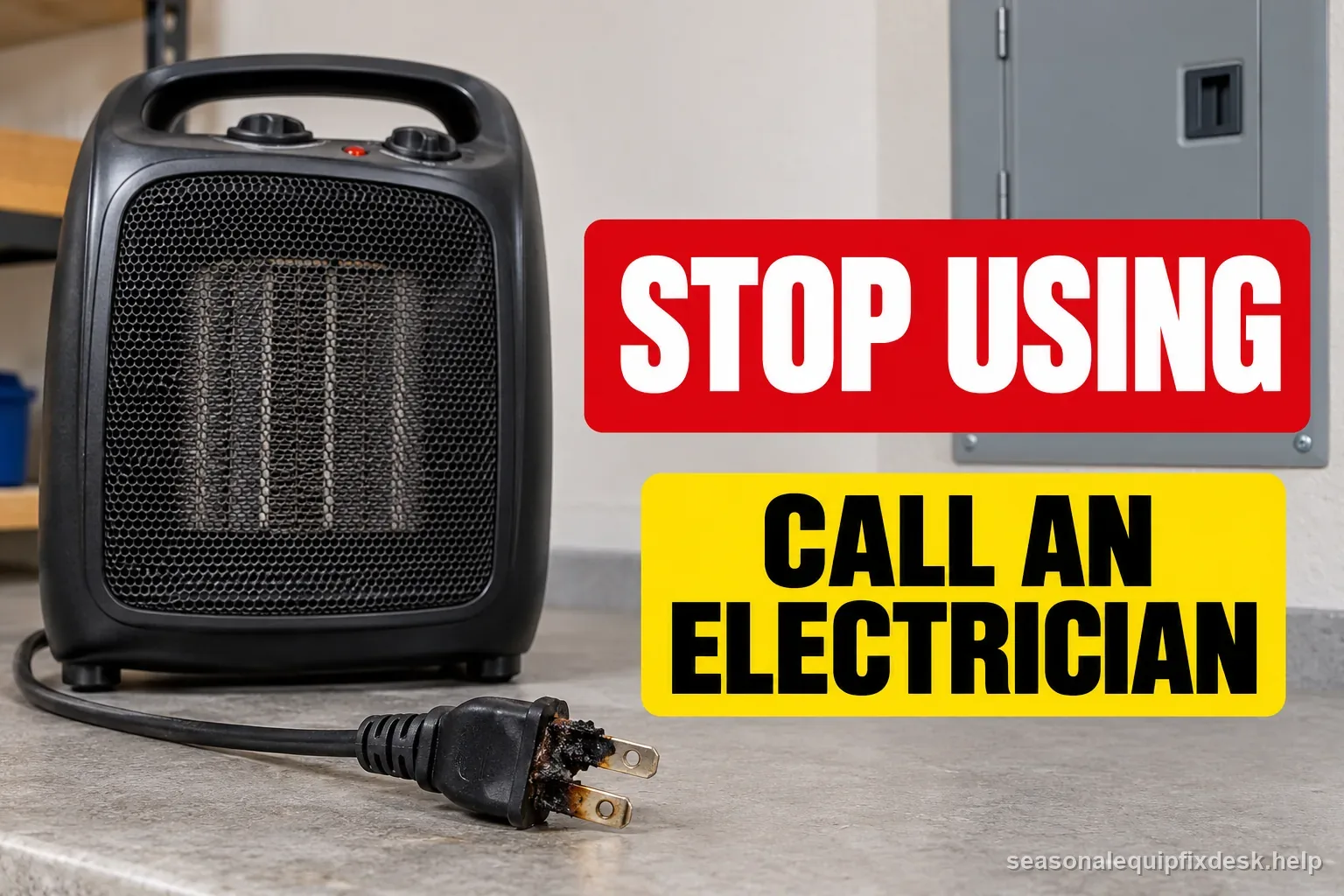 Portable heater beside a visibly damaged plug with large stop-use and electrician labels, signaling a condition that needs service.