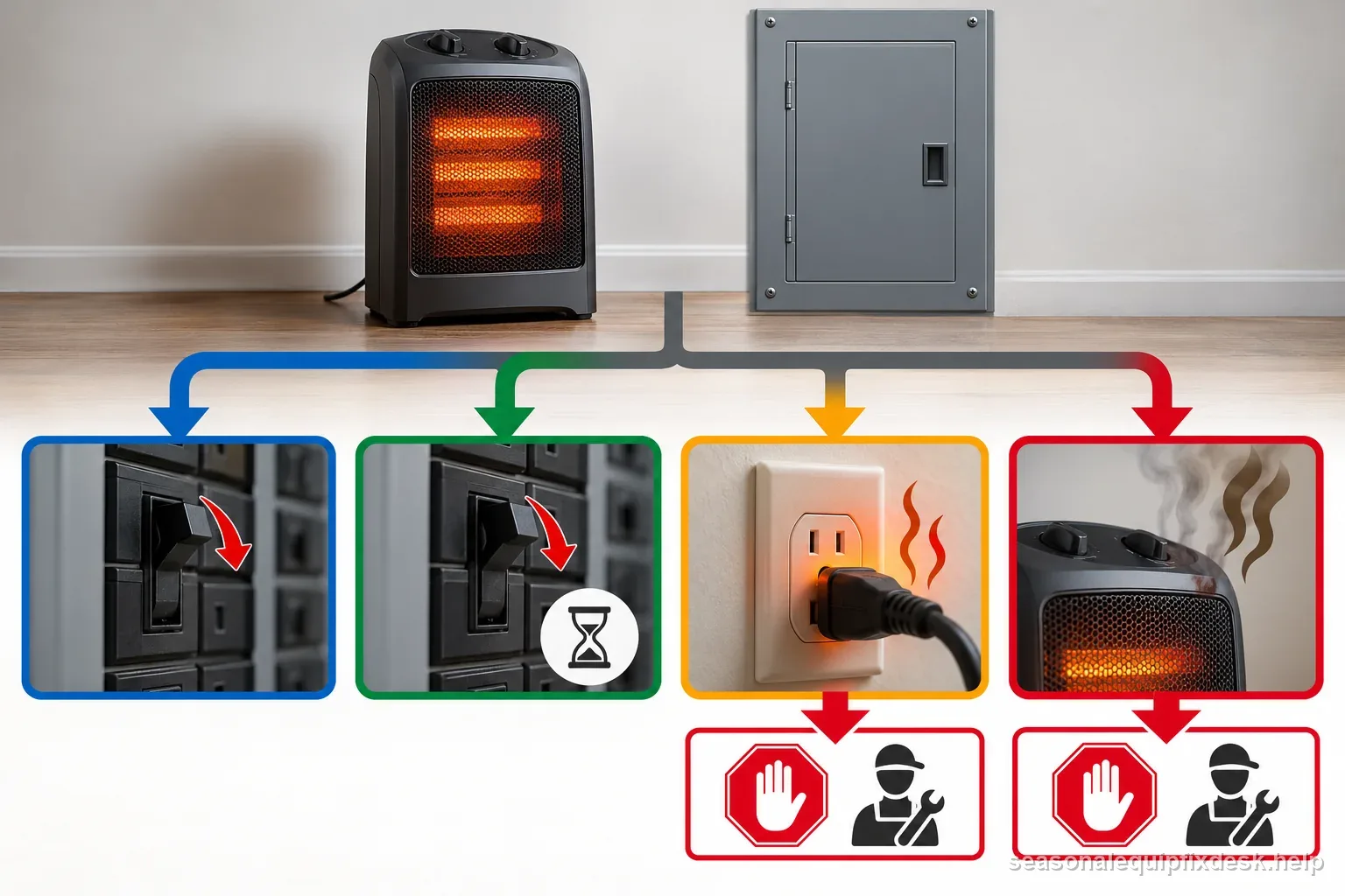 Symptom map distinguishes a trip at startup, a trip after warmup, a hot outlet, and a burning odor with a stop-and-service boundary.