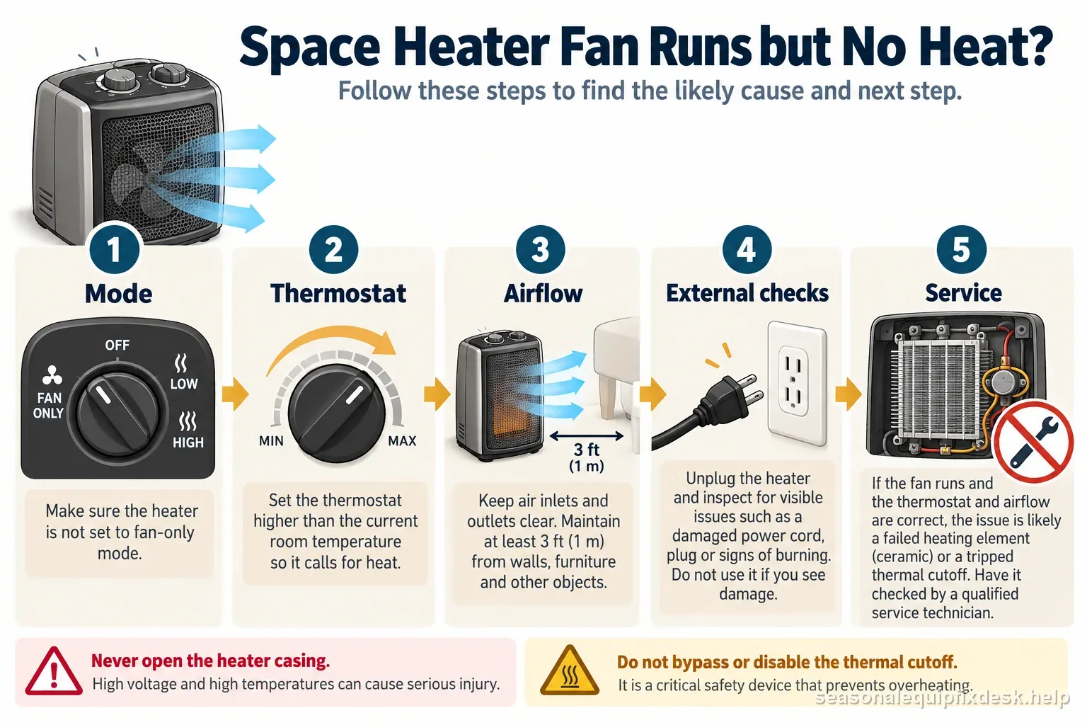 A labeled space-heater no-heat flow from mode and thermostat checks through airflow and safe external inspection to qualified internal service