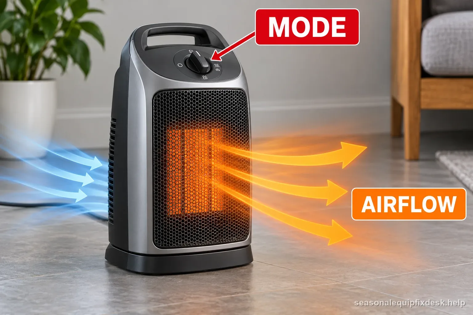 Portable fan heater showing the mode control and warm air outlet, with labels distinguishing the setting from airflow.