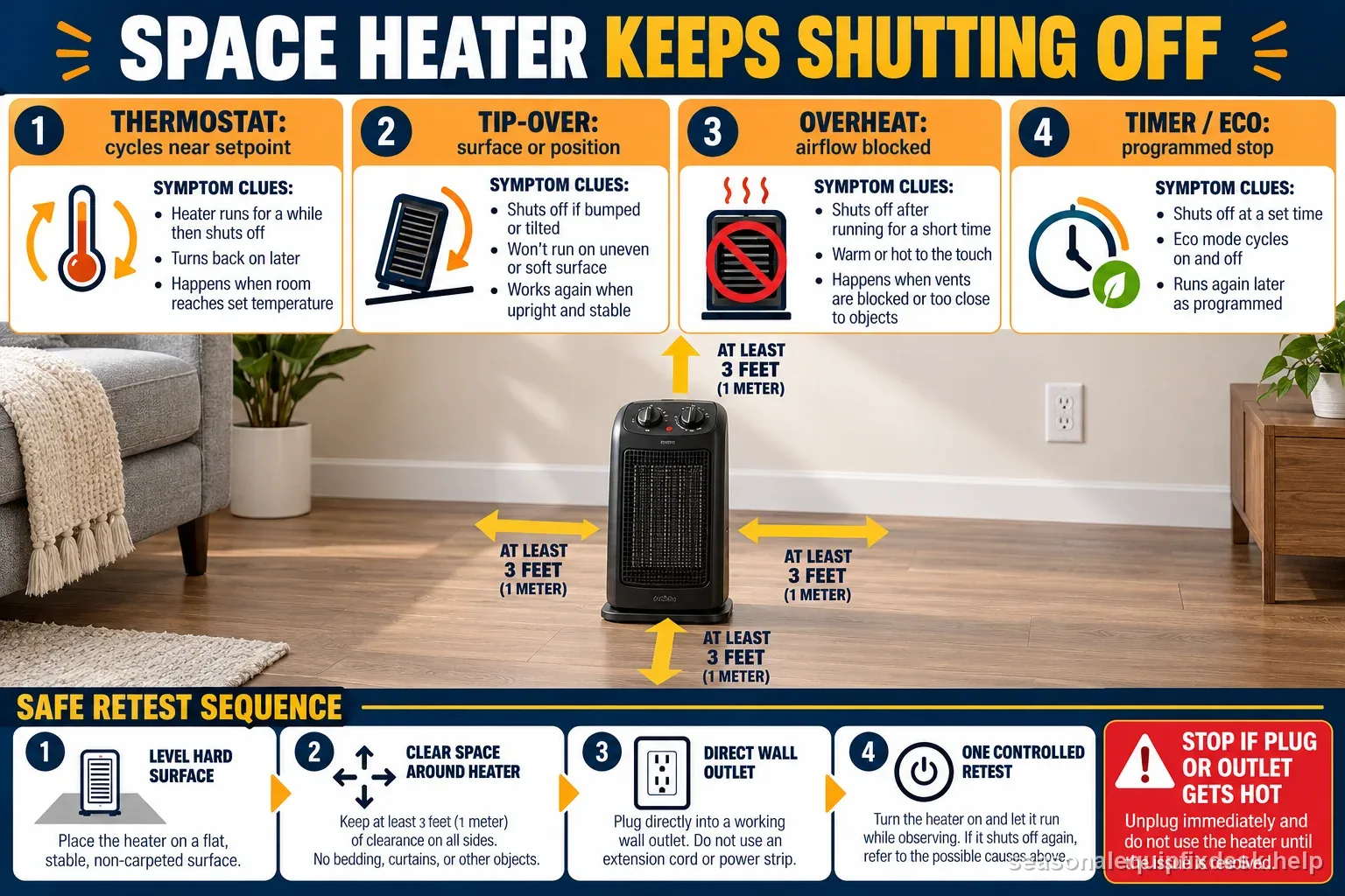 A space heater shutdown map separating thermostat cycles, tip-over protection, airflow overheat, and timer modes with safe placement and a direct outlet