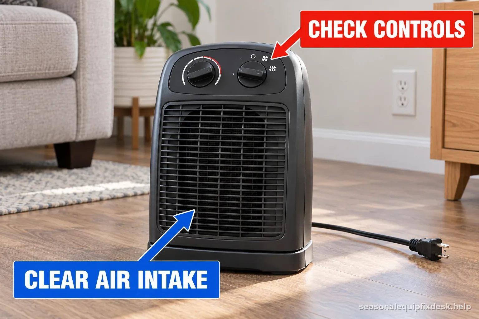 Portable space heater switched off with its power cord visible, highlighting external control and clear air intake checks.