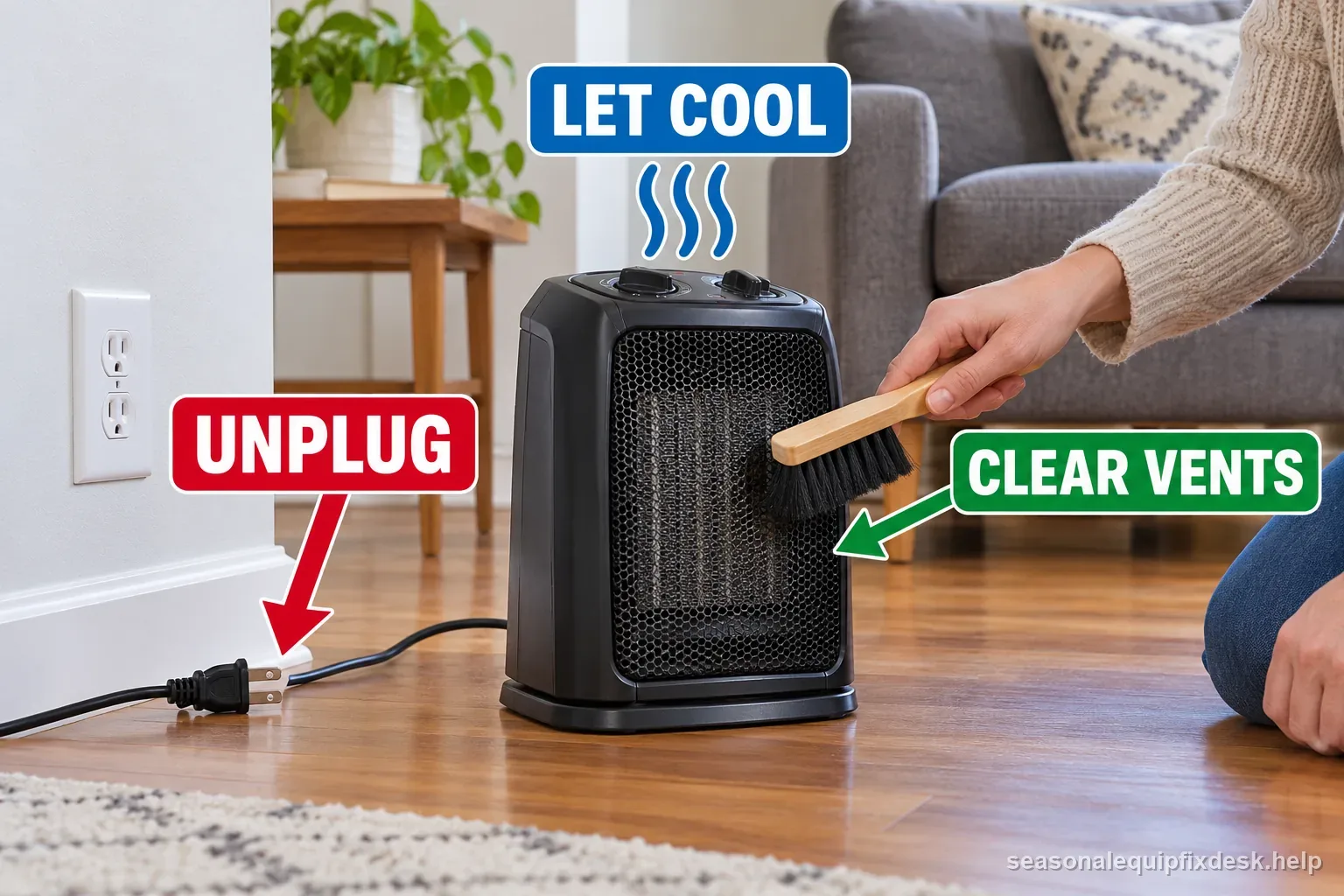 Unplugged portable heater cooling before an external vent cleaning, with labels showing safe owner checks and no internal repair.