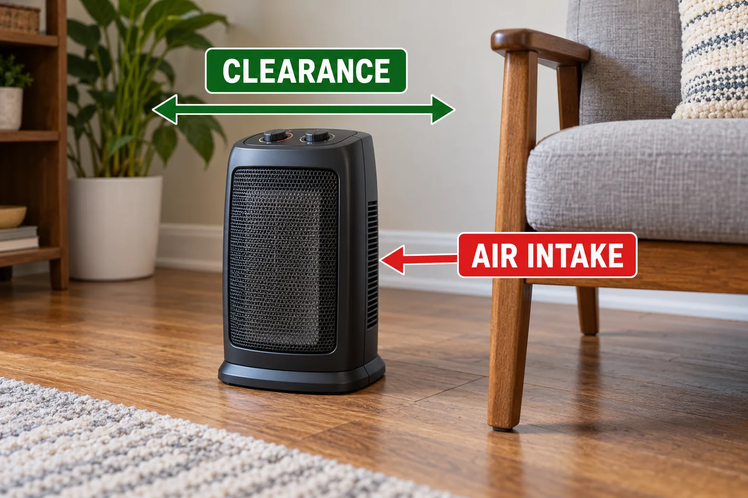 Portable space heater positioned with visible intake clearance and room around it to help check an external cause of shutdowns.