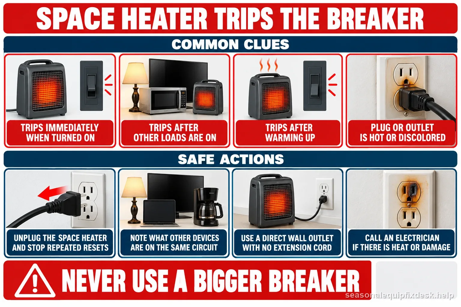 A space heater breaker map distinguishing immediate trips, shared loads, warm-up trips, and hot outlets, with a warning never to install a larger breaker