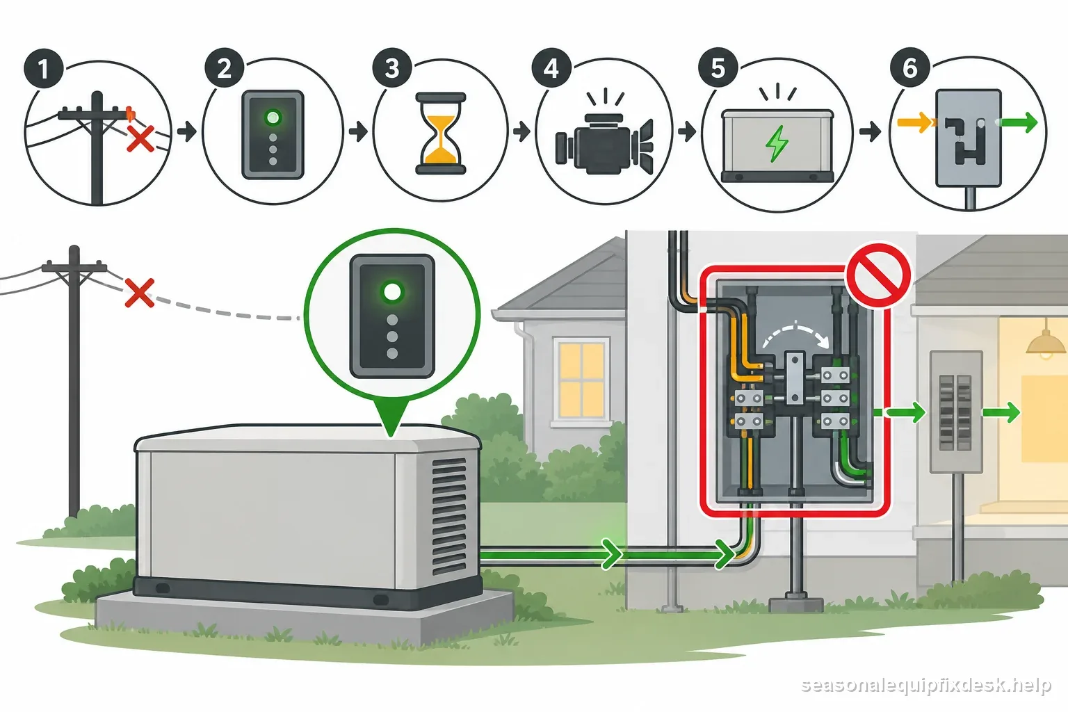 Standby generator outage sequence runs from utility loss and AUTO status through delay, engine start, and transfer