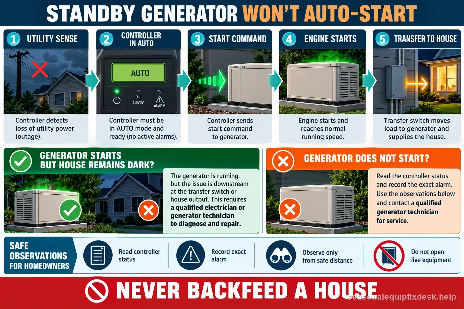 A standby generator flow diagram from utility sensing and controller auto mode through start command and transfer, with safe homeowner observations and a no-backfeed warning