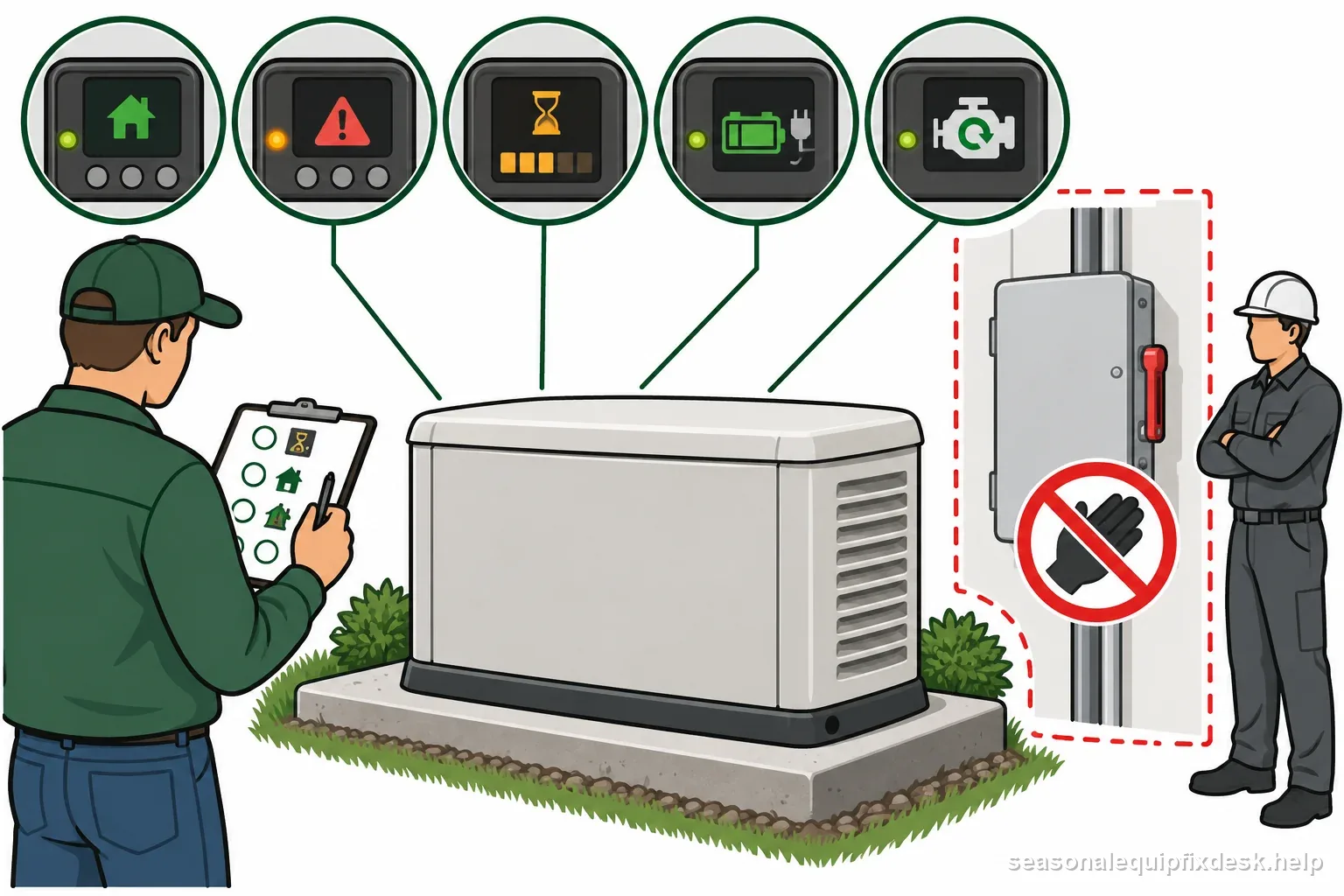 A homeowner records exterior standby controller mode, alarm, countdown, battery indicator, and engine response beside a closed transfer switch