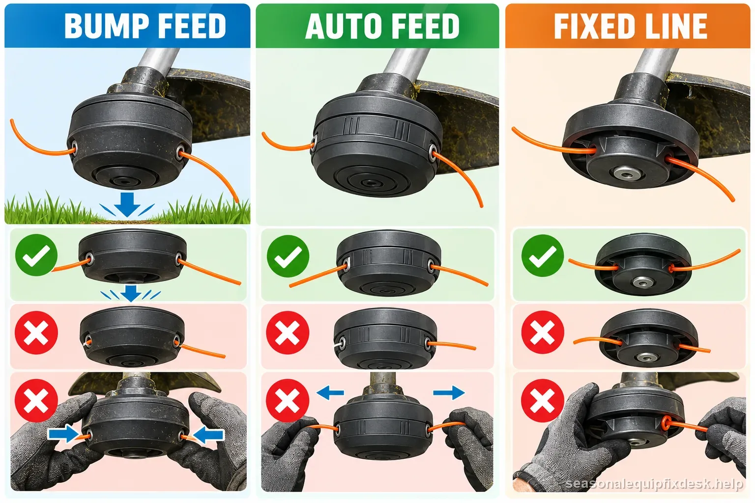 Comparison distinguishes bump-feed, automatic-feed, and fixed-line trimmer heads and their different line-release methods.