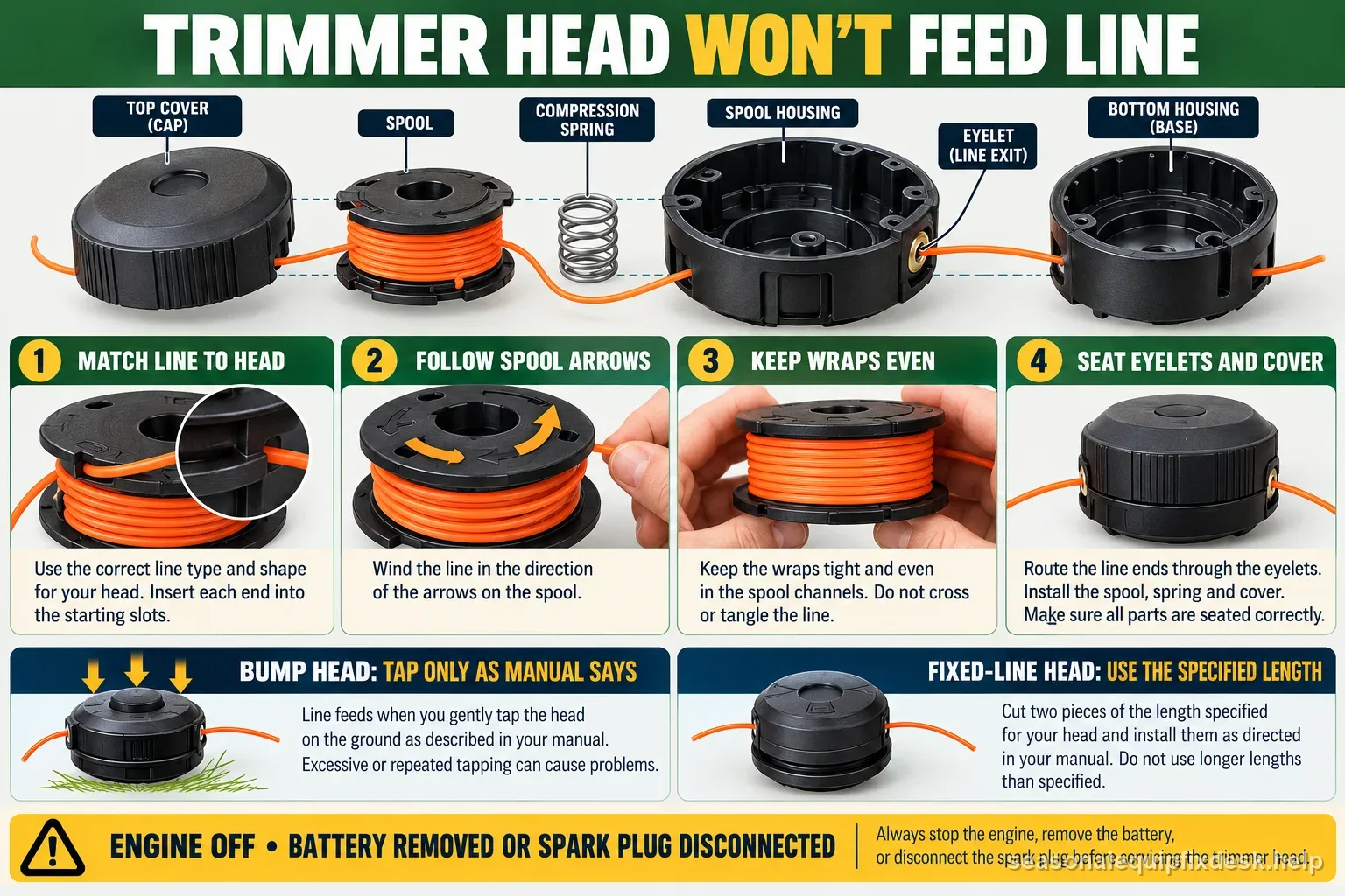 A labeled string trimmer head diagram showing line-to-head fit, spool winding direction, even wraps, eyelet routing, bump-head behavior, and safe isolation