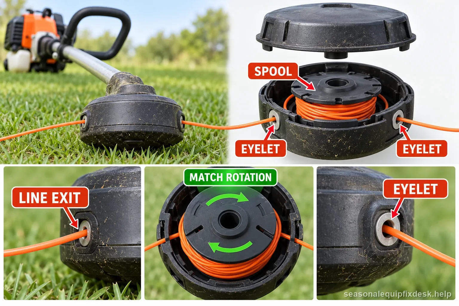 Labeled trimmer head shows the spool, line exit, eyelet, and matching head rotation for a model-specific line-feed check.