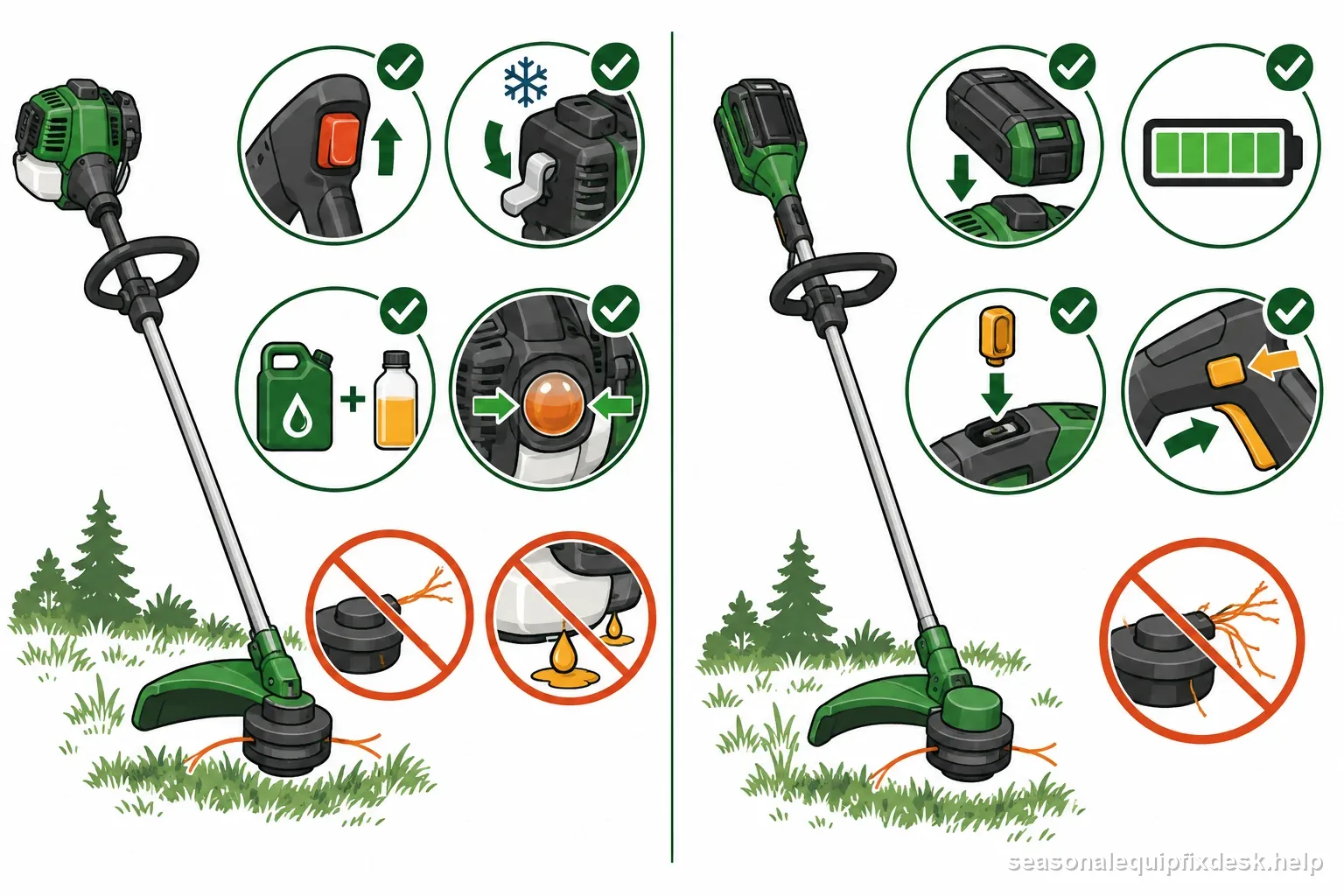 Gas and battery trimmers shown with separate start controls, fuel or battery checks, and guards fitted