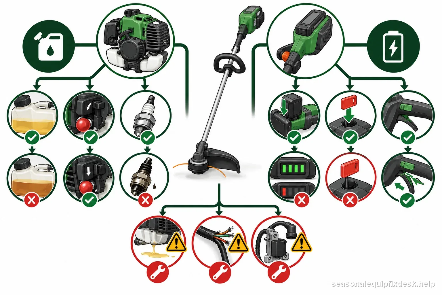 String trimmer starting branches for gas fuel and choke clues versus battery seating and lockout clues