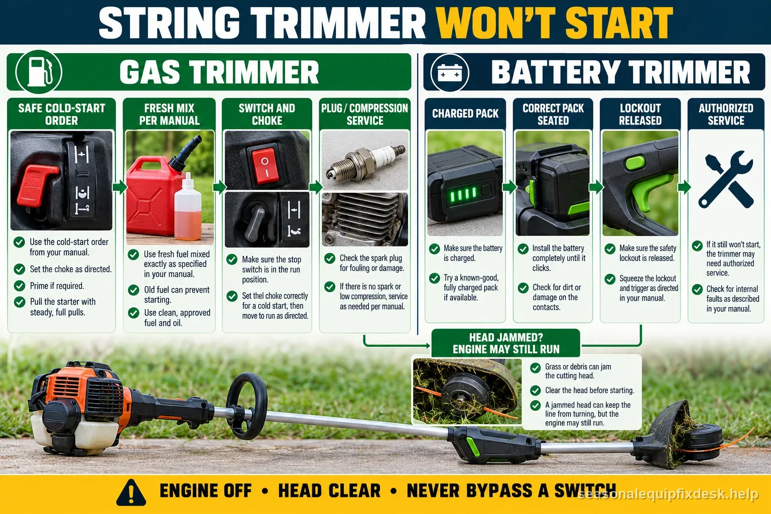 A string trimmer no-start flowchart separating manual-based gas start and fuel checks from battery pack, lockout, and cutting-head checks