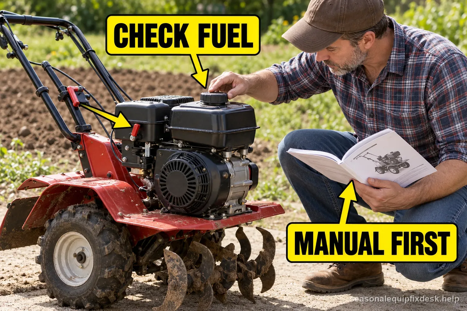 Tiller checks move from fuel and controls through choke, air filter, spark plug, and model-specific service