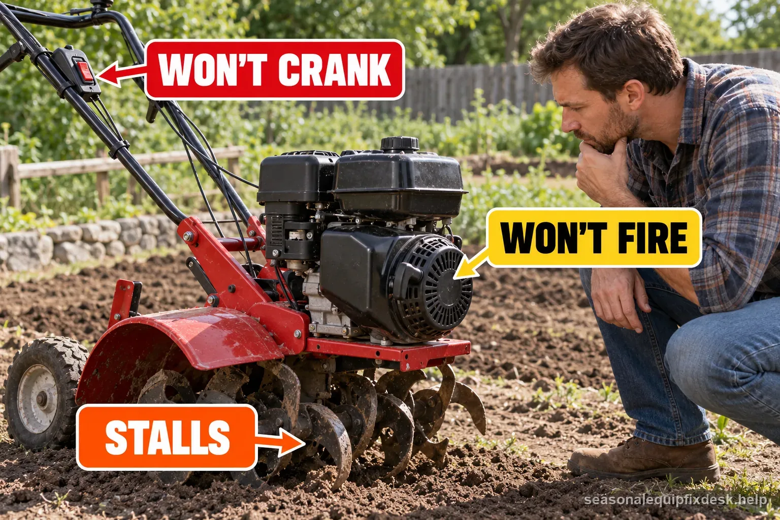 Tiller no-start branches separate a locked starter, cranking without combustion, brief firing, and stalling under tine load