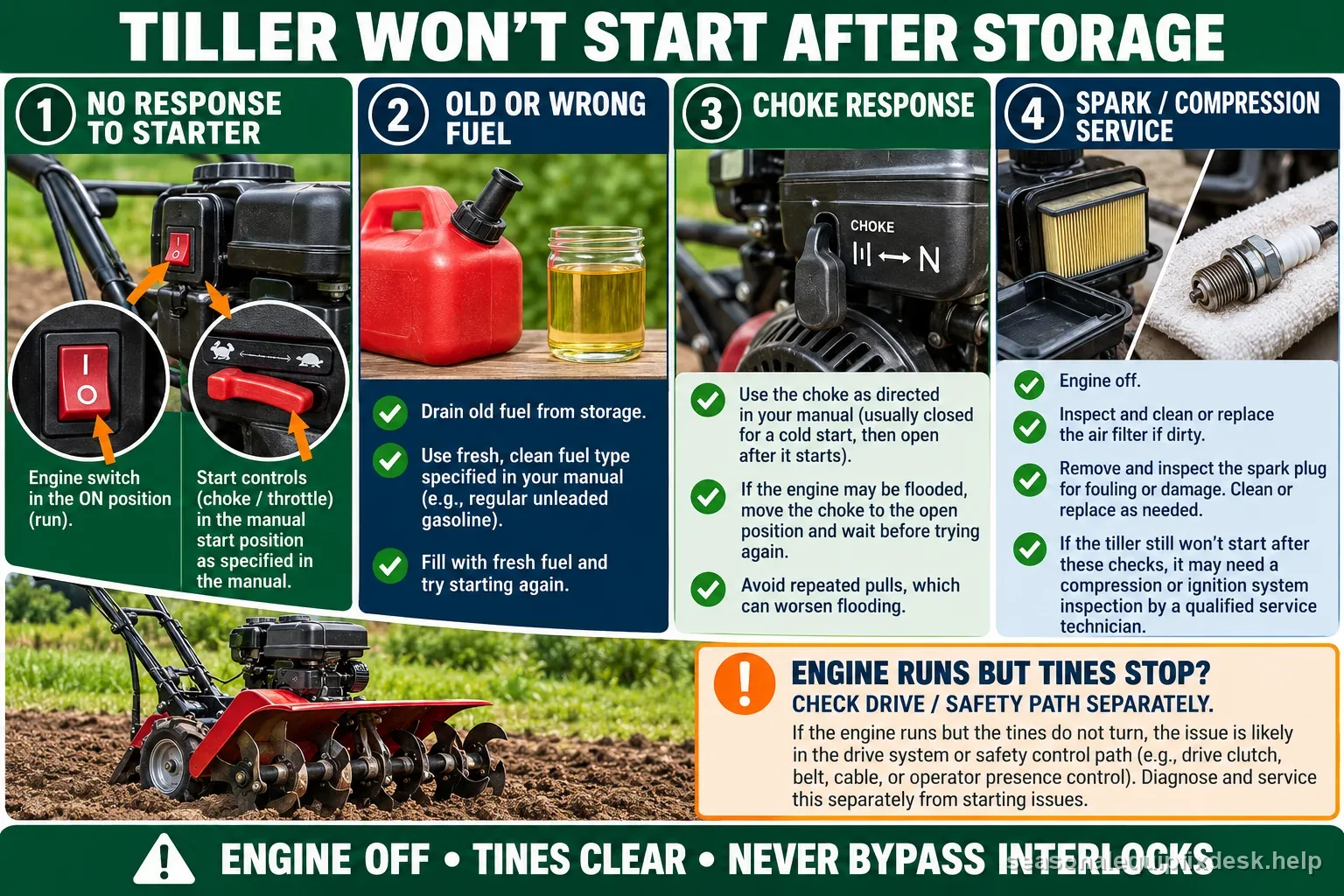 A tiller no-start flow showing starter response, stale fuel, choke behavior, engine-off filter and plug checks, and a separate tine-drive branch