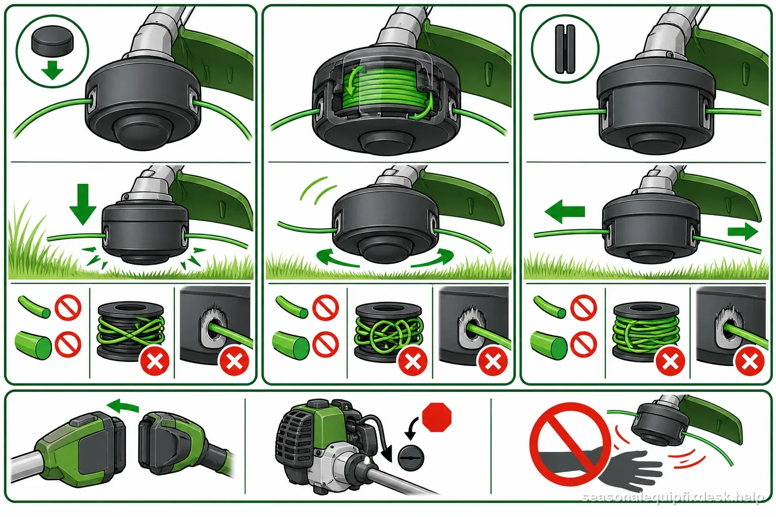 Bump-feed, automatic-feed, and fixed-line trimmer heads shown with different line advance mechanisms