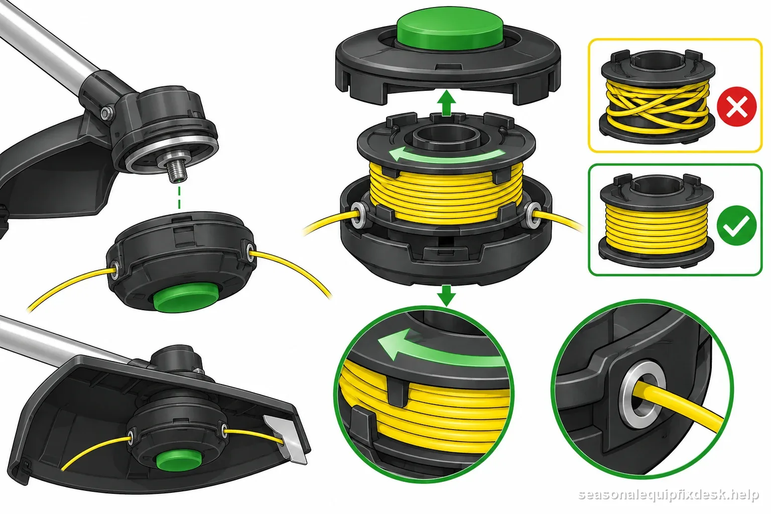 Powered-off trimmer spool with evenly wound matched line and clear eyelets compared with tangled coils
