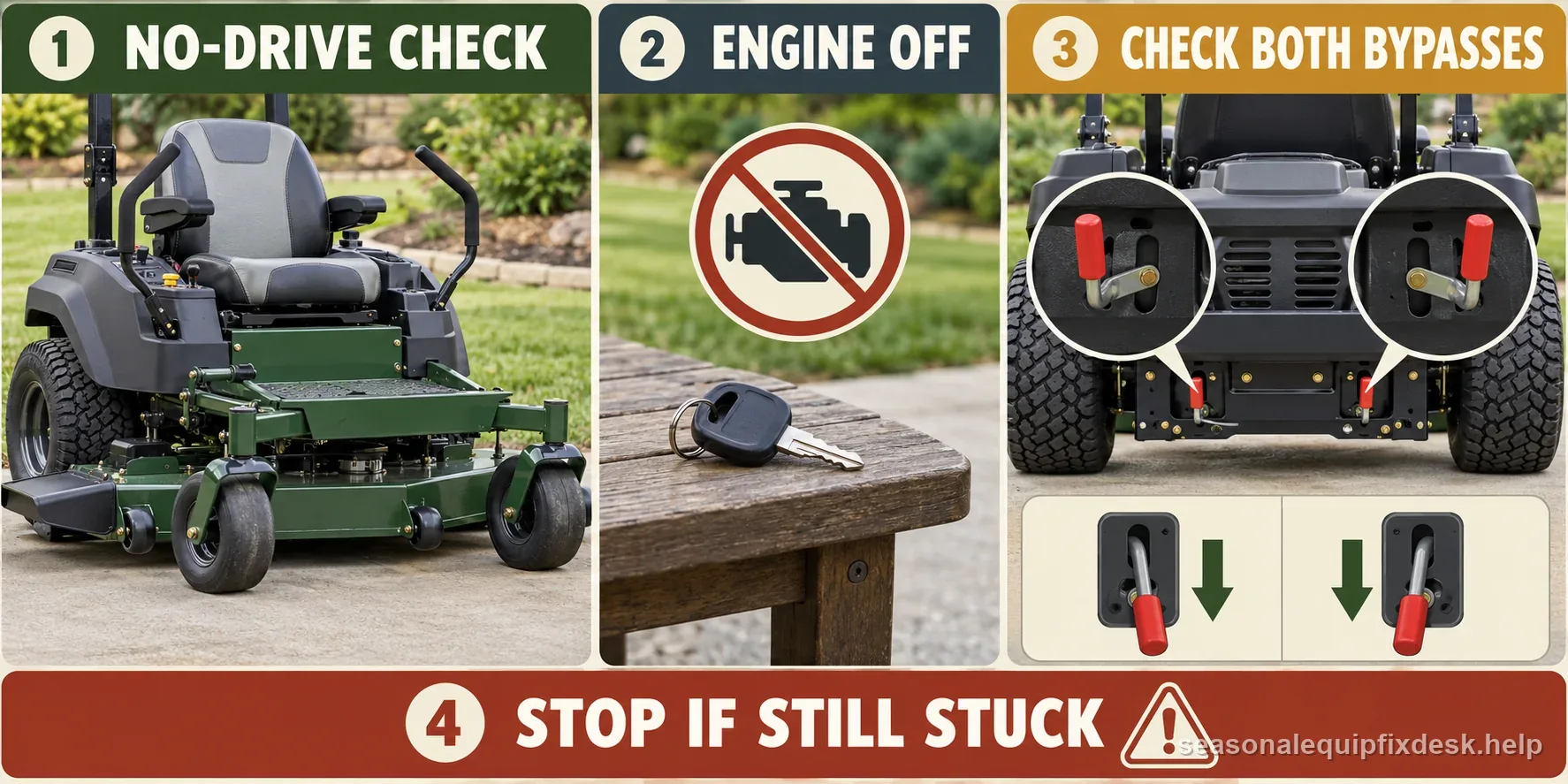 Zero-turn mower parked with the engine off and key removed while the two external bypass levers are checked according to the owner manual.