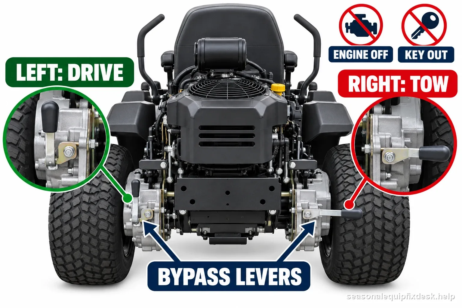 Labeled rear-view diagram compares left and right zero-turn bypass levers with the engine off and key removed