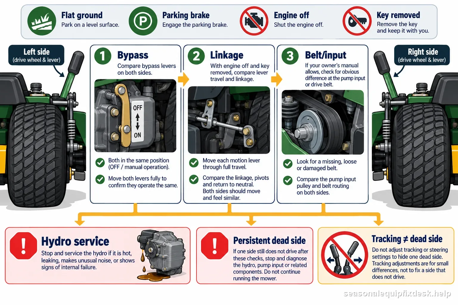 A side-by-side zero-turn mower check for matched bypass controls linkage belt input and hydro service with engine-off precautions