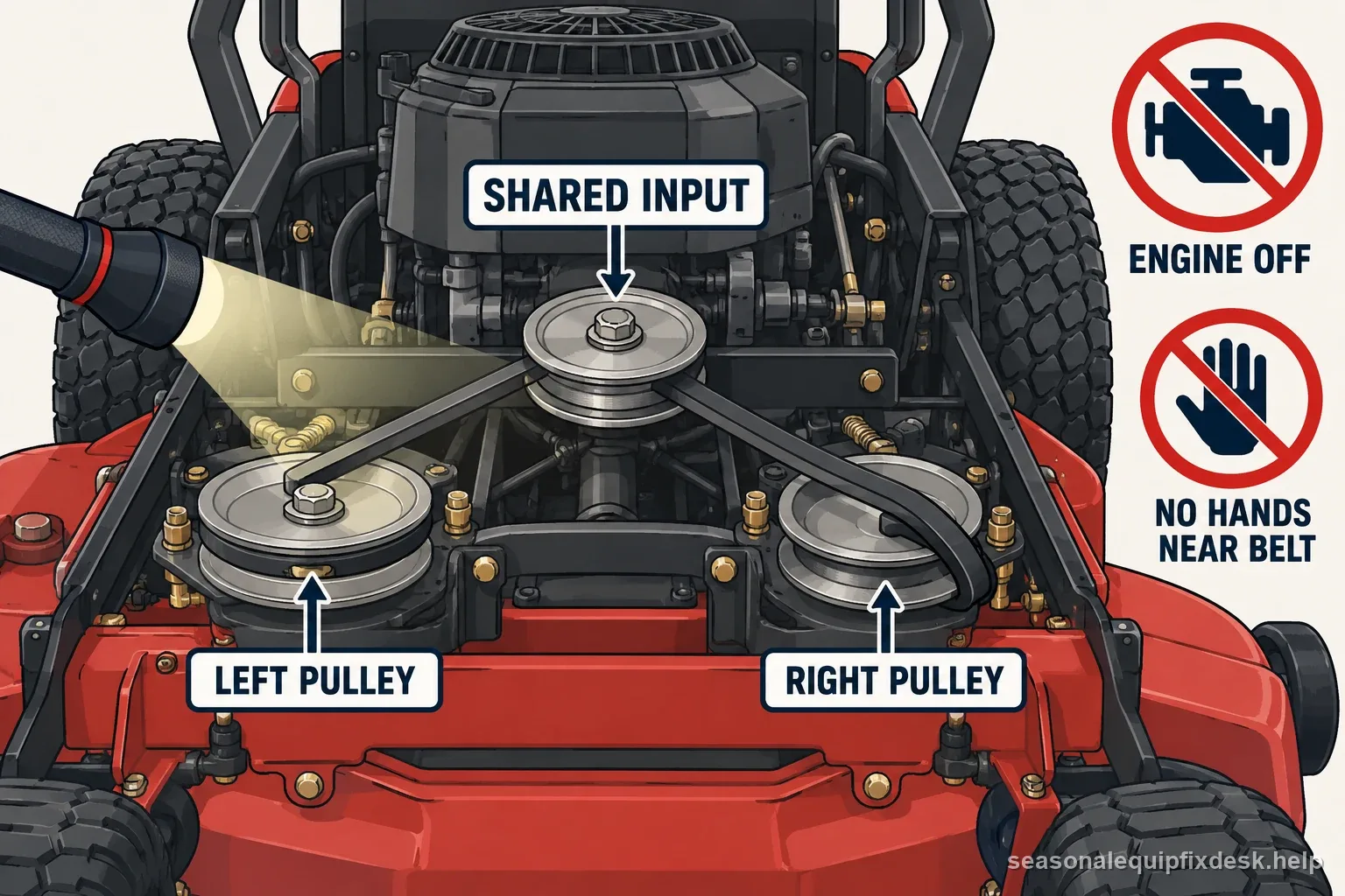 Labeled stationary zero-turn belt diagram points to the shared input and both hydro pulleys with the engine off and hands clear