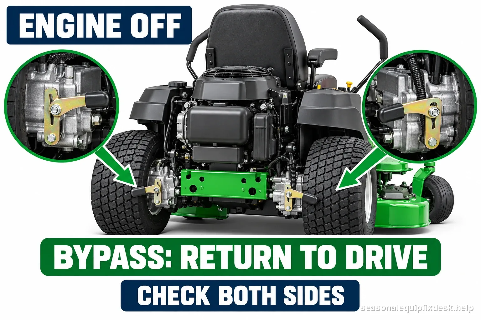 Labeled zero-turn mower diagram points to both rear hydro bypass controls and says return both to drive with the engine off
