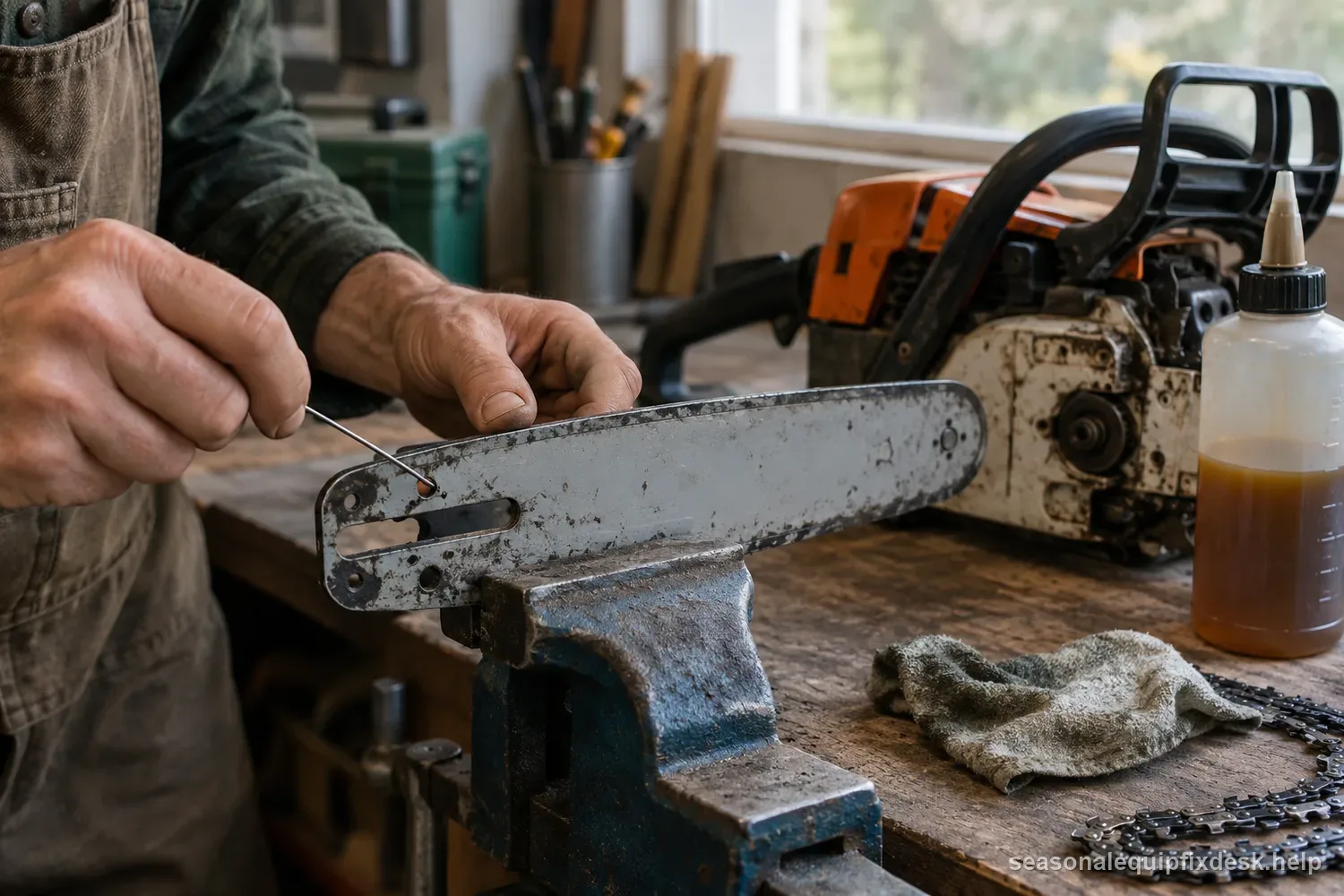 A chainsaw guide bar clamped in a bench vise, a hand pushing a thin wire through the small oil feed hole at the base of the bar, the chainsaw powerhead and a bottle of bar-and-chain oil beside it.