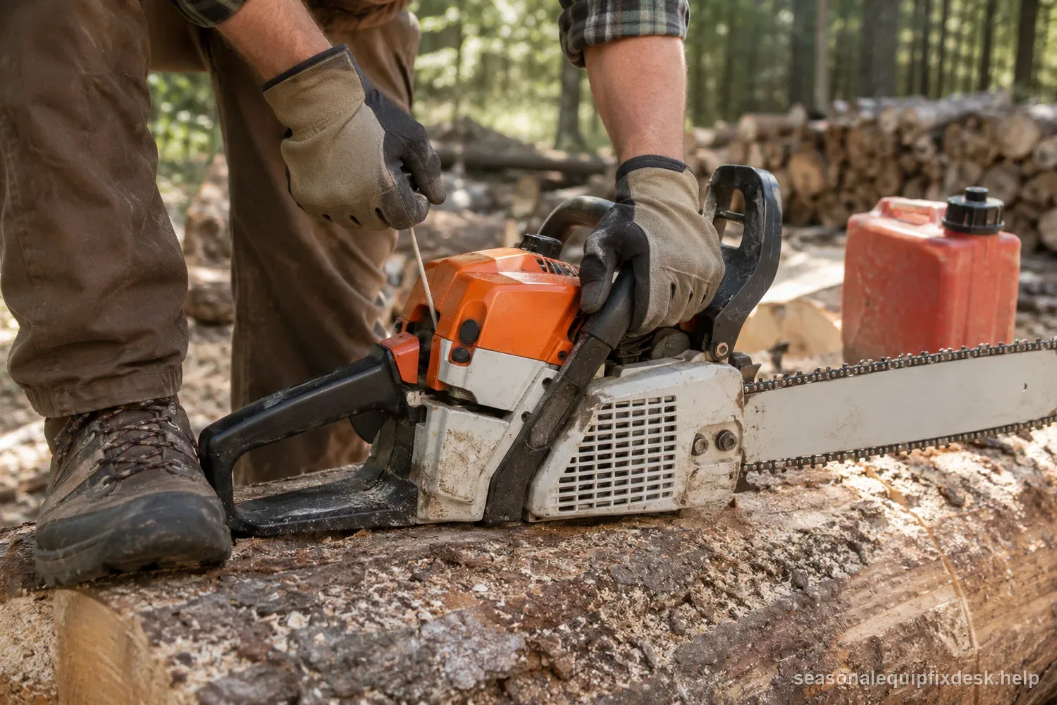 A person in gloves starting a gas chainsaw resting on a large cut log in a woodpile clearing, a boot through the rear handle, one hand on the choke and primer, the other on the recoil starter, a premix fuel can on the log.