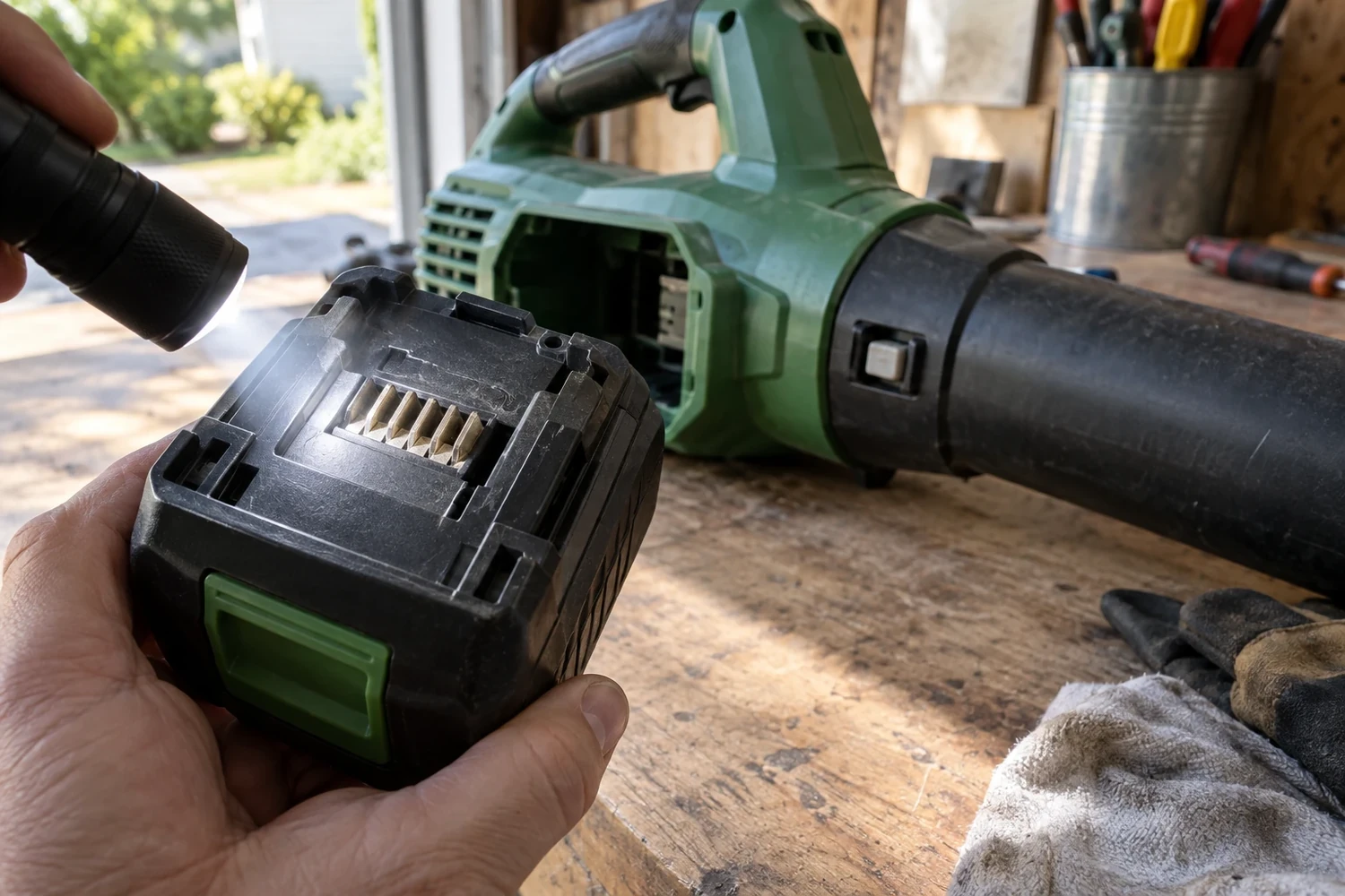A garage workbench in daylight, a cordless battery leaf blower lying on its side, the battery pack pulled out and held close to the camera to show its contact terminals, a small flashlight beam raking across them, the blower's tube safety-interlock switch visible near the nozzle joint.