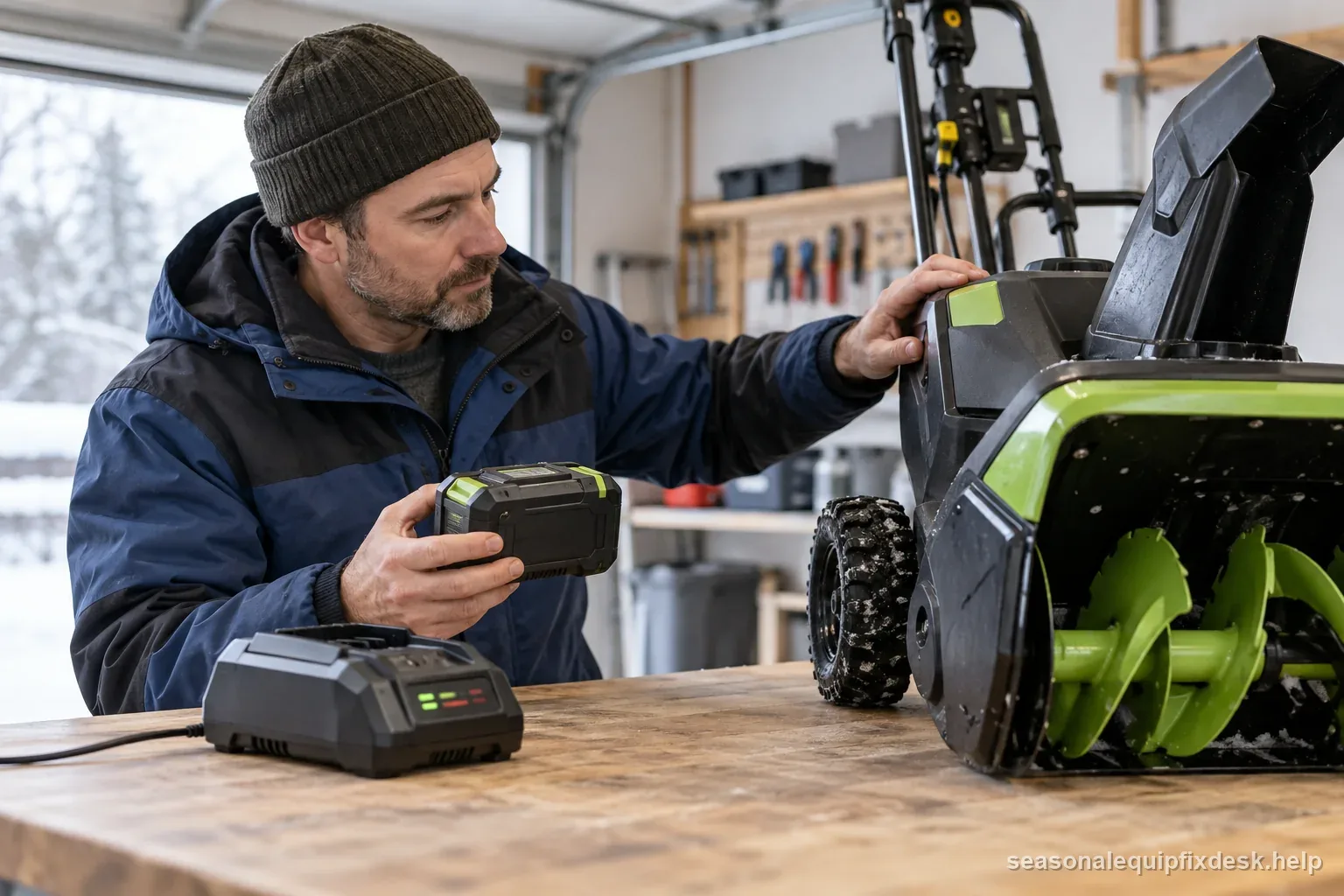 Cordless snow blower battery beside its charger on a dry bench during an exterior indicator check.