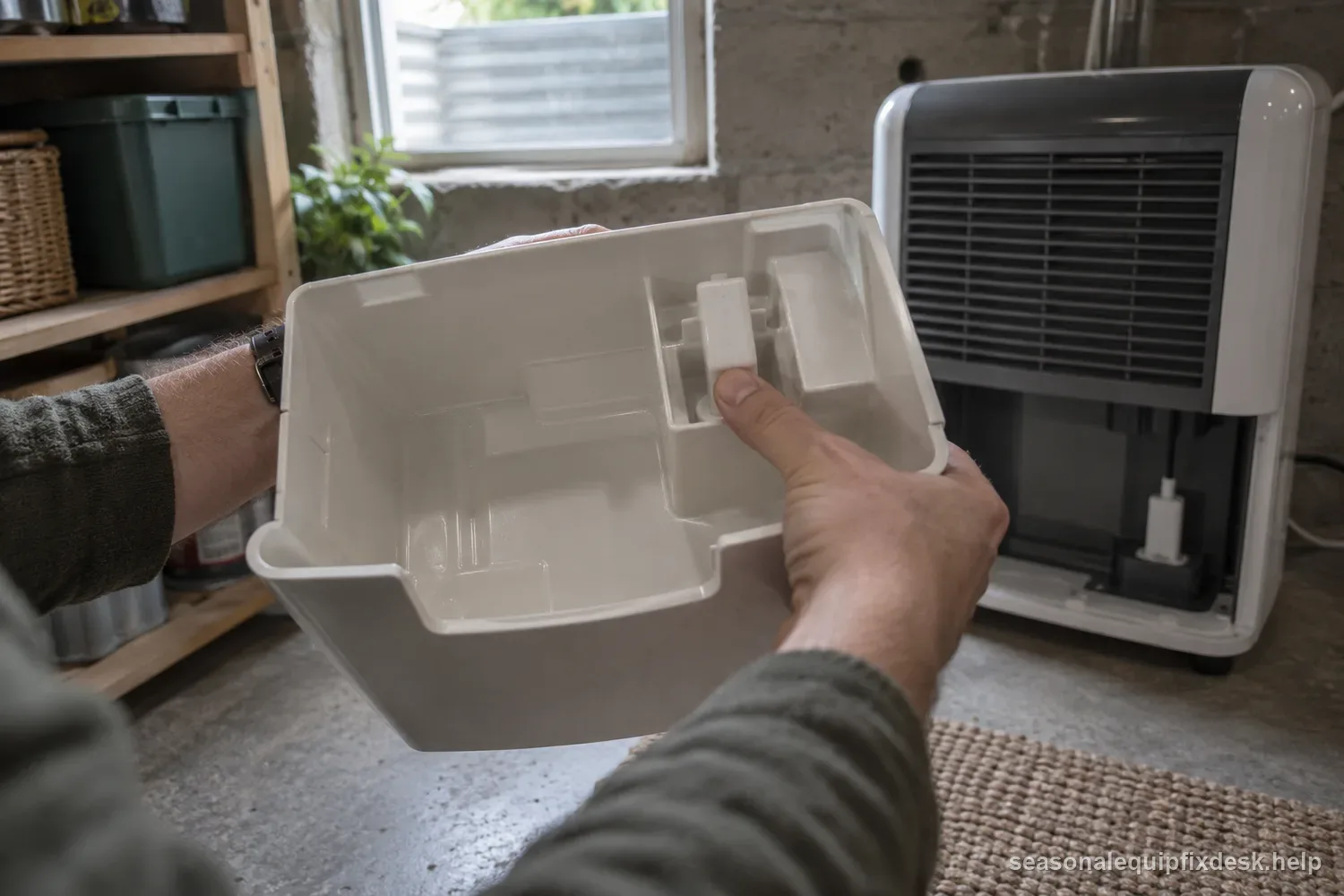 Two hands holding the empty collection bucket of a dehumidifier out toward the camera in soft basement daylight, one thumb pressing the white plastic float down inside the dry bucket, the open bucket bay and float switch visible behind.