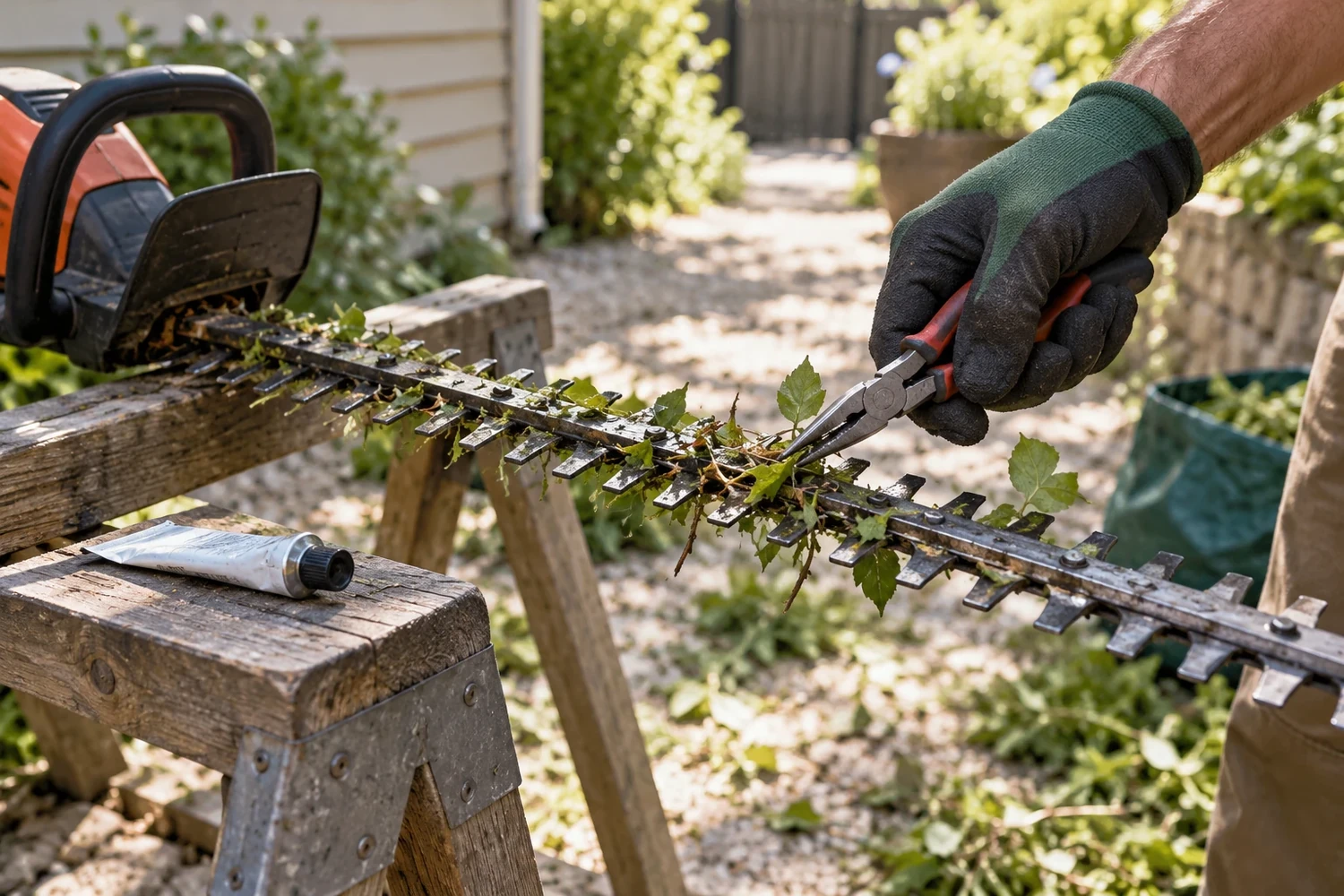 A hedge trimmer laid across two sawhorses in a side yard at midday, dense chopped leaf debris jammed between the reciprocating blade teeth, a gloved hand pulling a twig clear of the blades with pliers, a small tube of gear grease resting on the sawhorse nearby.