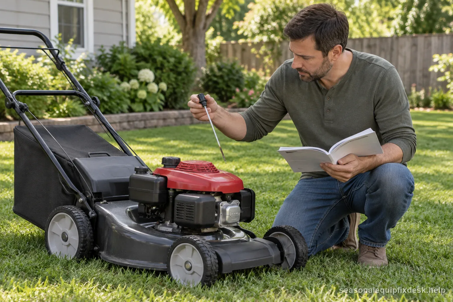 Owner checking a mower dipstick on level ground after white or blue exhaust smoke appeared.
