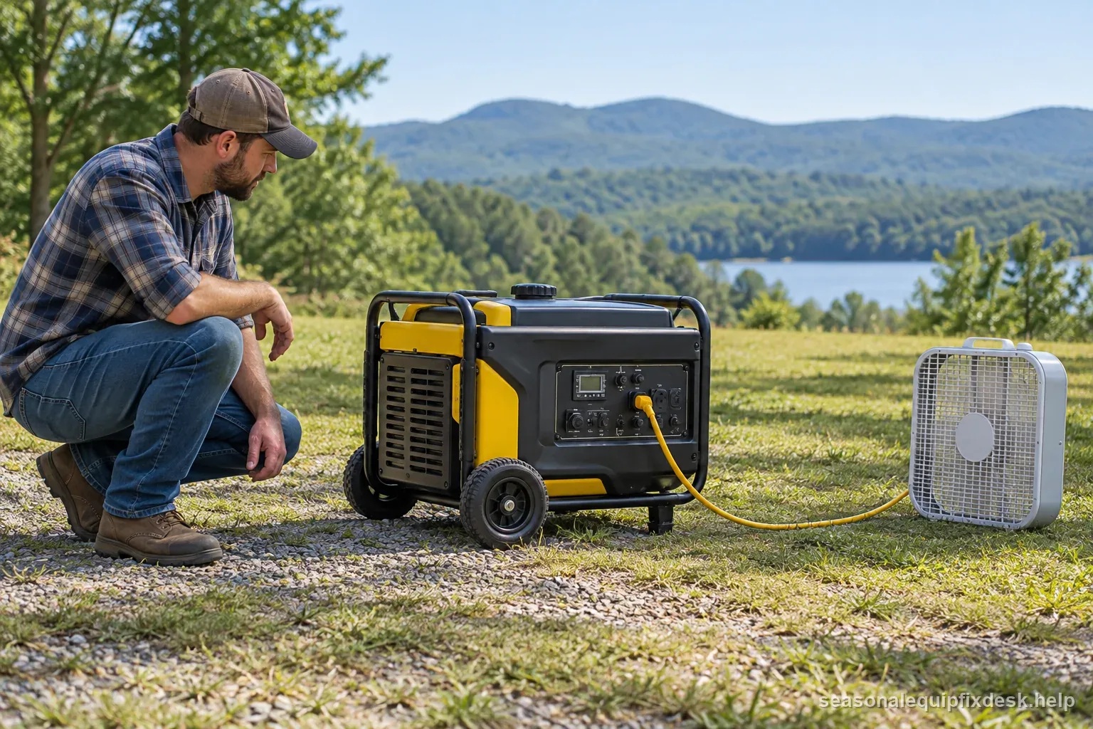 Portable generator outdoors with one fan load as its closed control panel is observed from a safe distance.