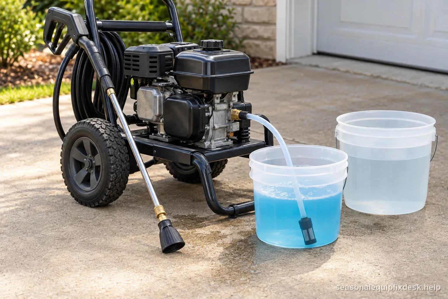 Stopped pressure washer with a low-pressure soap nozzle and submerged detergent pickup filter arranged for checking.