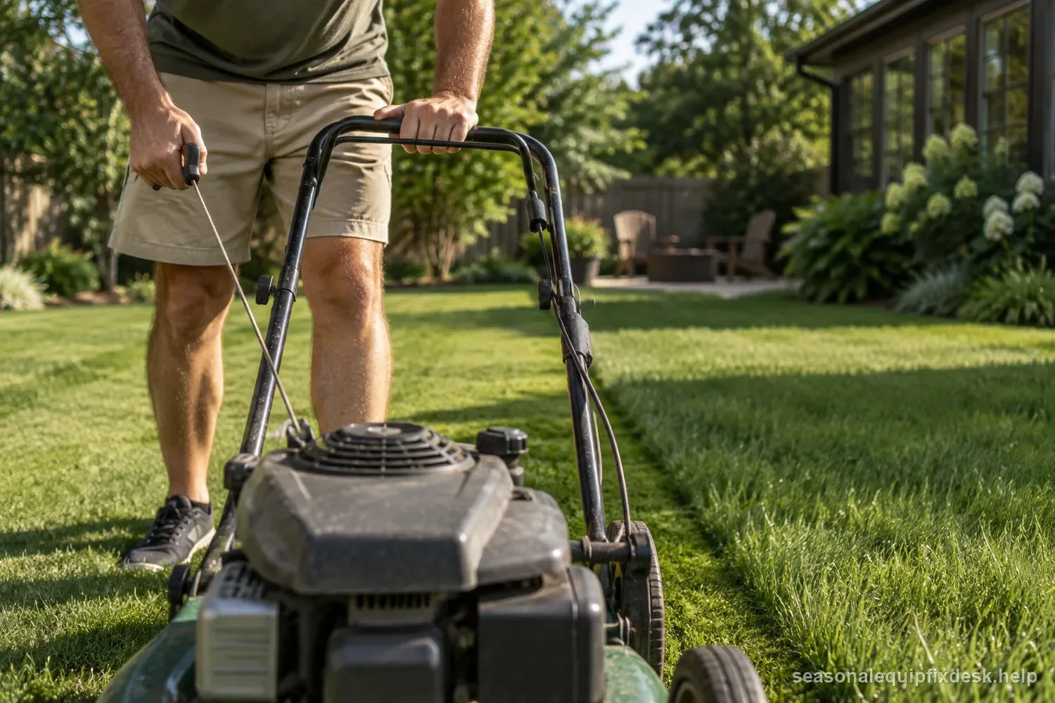 A person on a sunny back lawn squeezing the operator-presence bail bar of a walk-behind push mower against the handle with one hand while pulling the starter rope with the other, half the grass freshly cut.