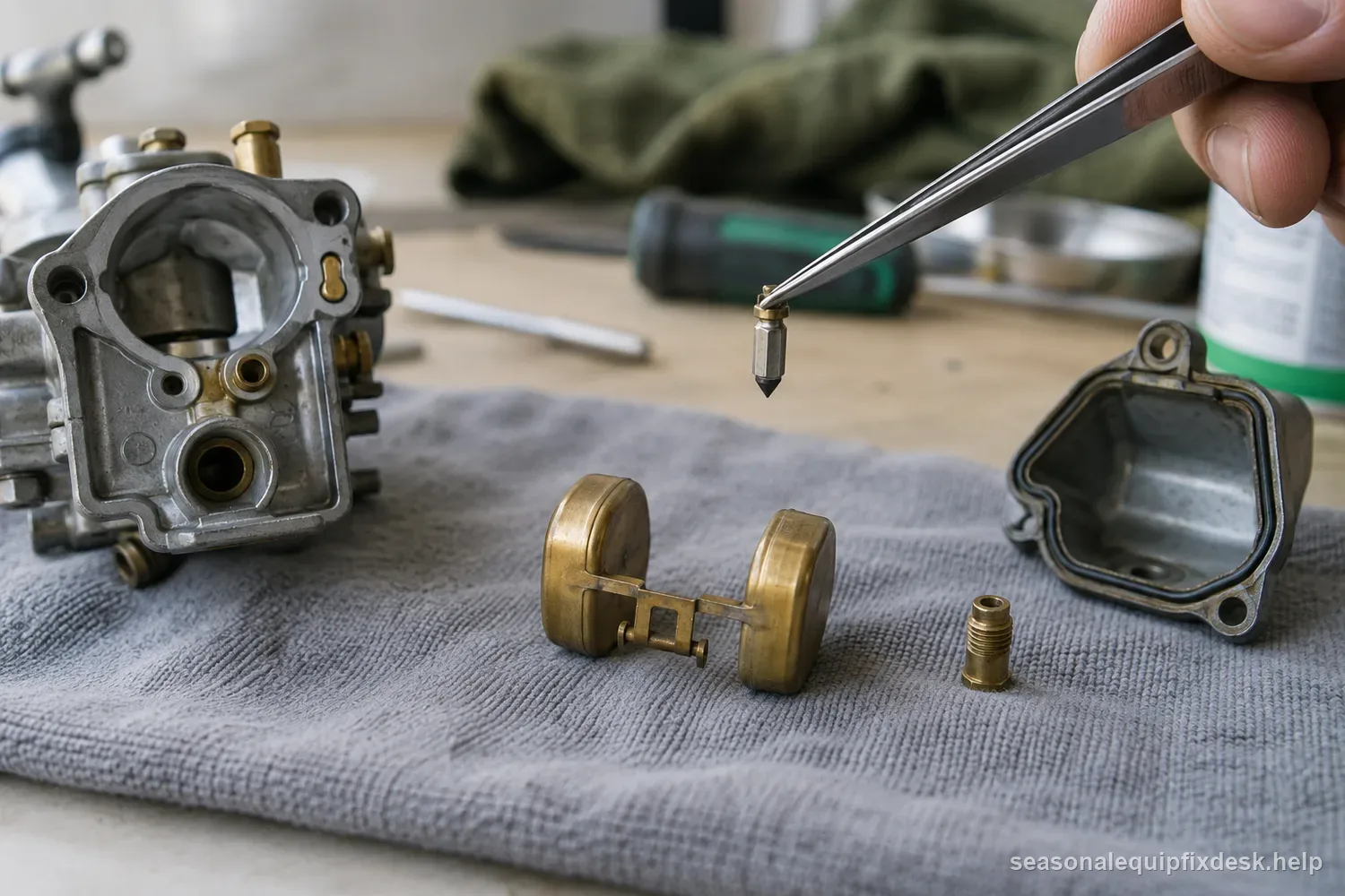 A small-engine float-bowl carburetor disassembled on a lint-free grey cloth — the float bowl, the brass float and the main jet in a row, tweezers holding the tiny tapered inlet needle above the float.