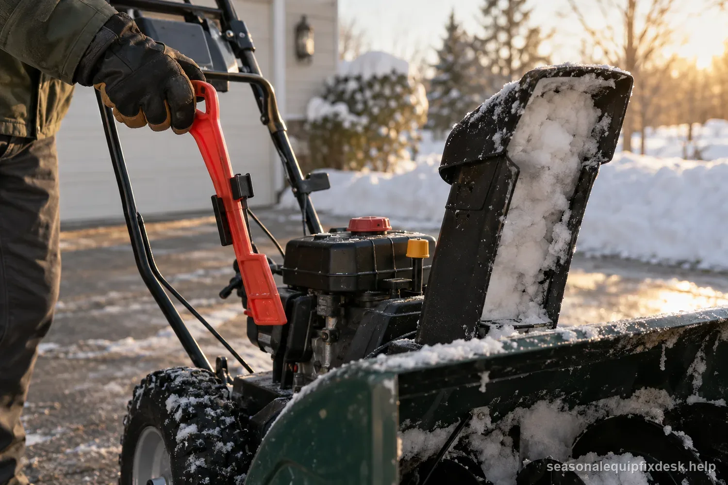 A gloved hand pulling the bright plastic clean-out tool off its clip on a stopped snow blower, the discharge chute packed solid with wet snow, warm late-afternoon side light.