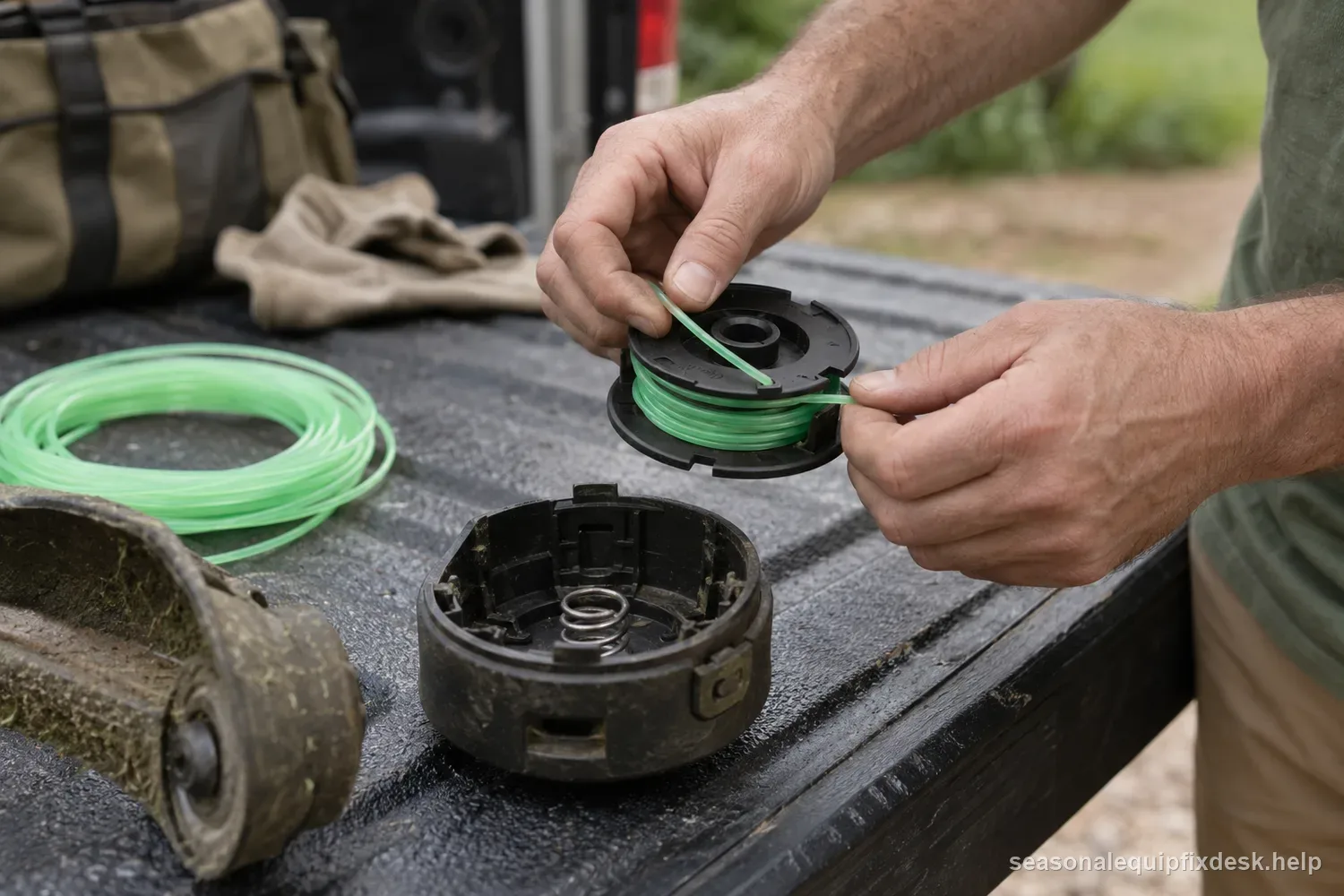 A string-trimmer bump head opened on a truck tailgate, the spool lifted out, two hands winding fresh monofilament line onto it in the marked direction, a loose coil of the same line nearby.