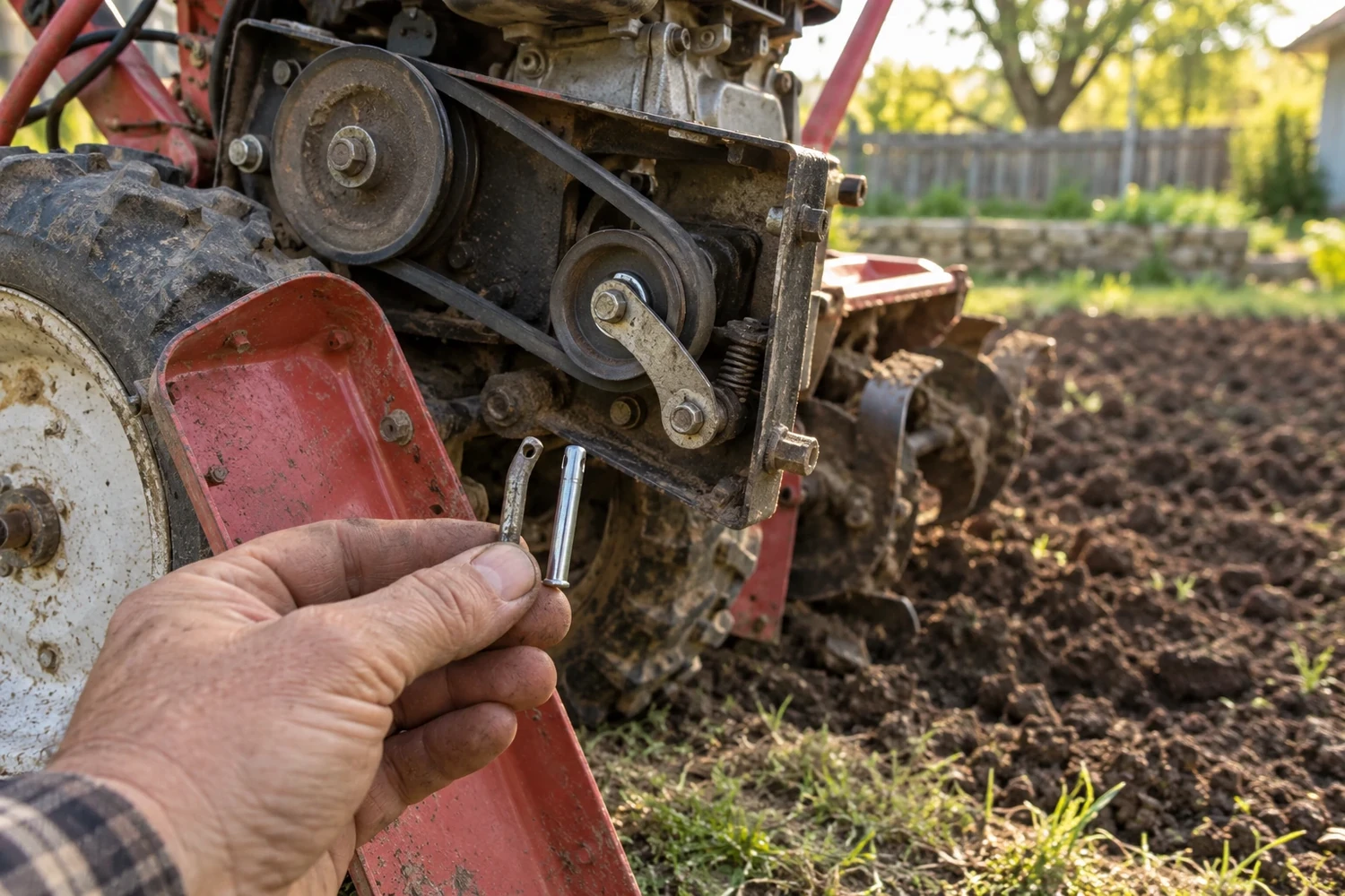 A rear-tine garden tiller at the edge of a tilled bed, its belt cover removed and propped against a wheel, the drive belt and idler pulley exposed, a hand holding a bent clevis pin up next to a straight spare pin for comparison.