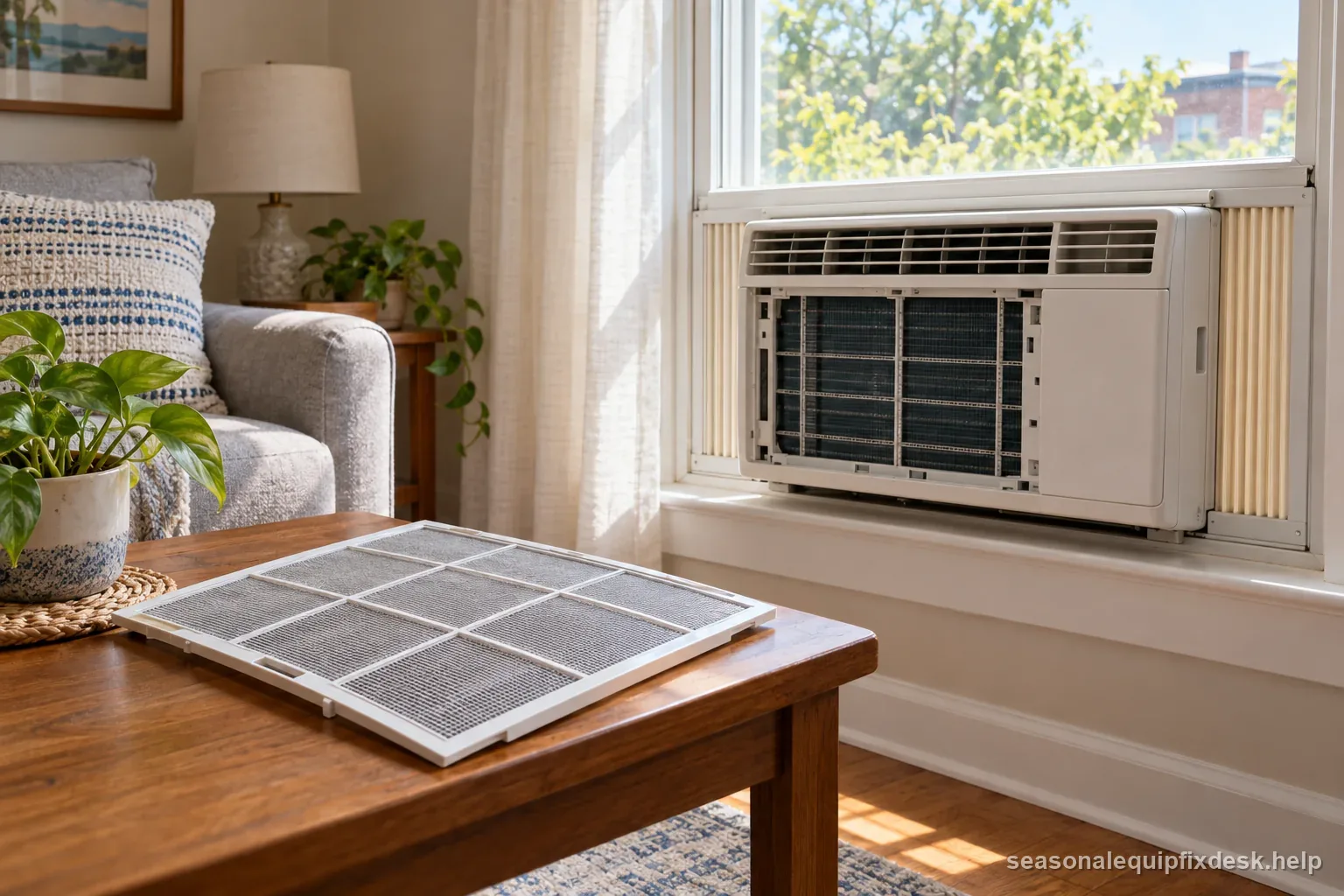 Window air conditioner with its washable filter removed and placed nearby during a safe airflow inspection.