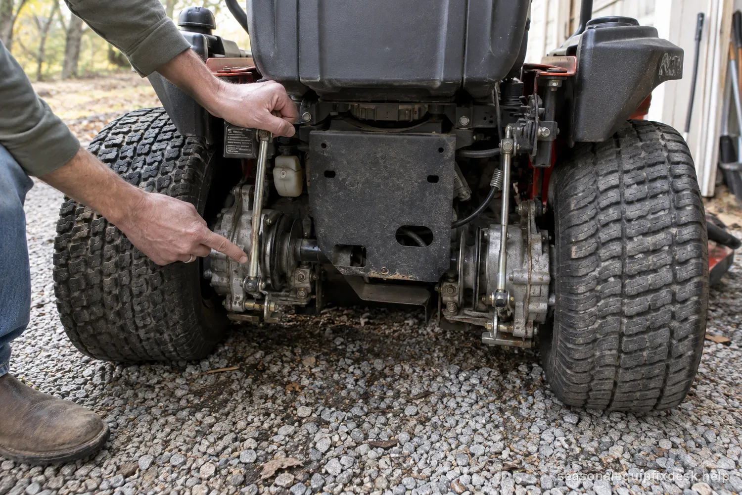 The rear of a zero-turn mower on a gravel pad, both hydrostatic transaxle pulleys and bypass rods exposed, a hand holding one rod and pointing at the other to compare them.